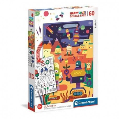 Clementoni - Puzzle 60 Peças - Double Face Coloring Robots